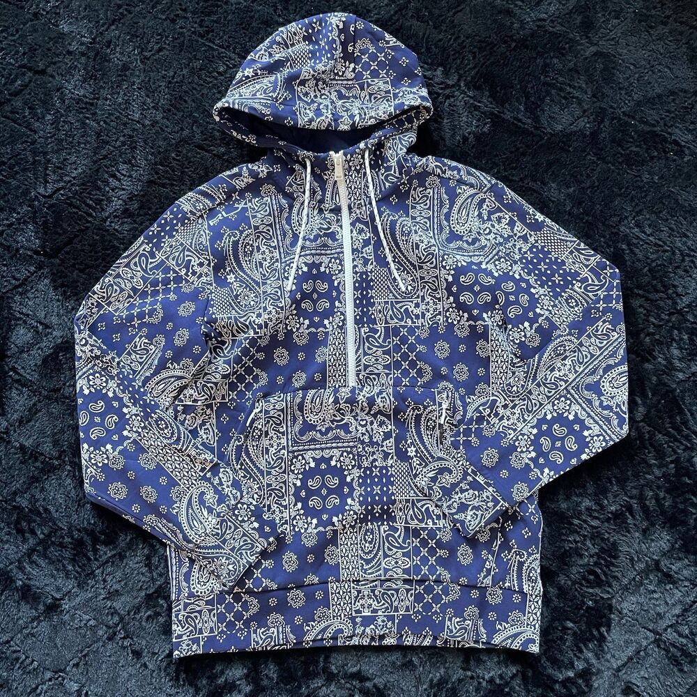 Ralph Lauren RLX Navy White Paisley Bandana Hoodie 1/2 Zip Golf Jacket Medium